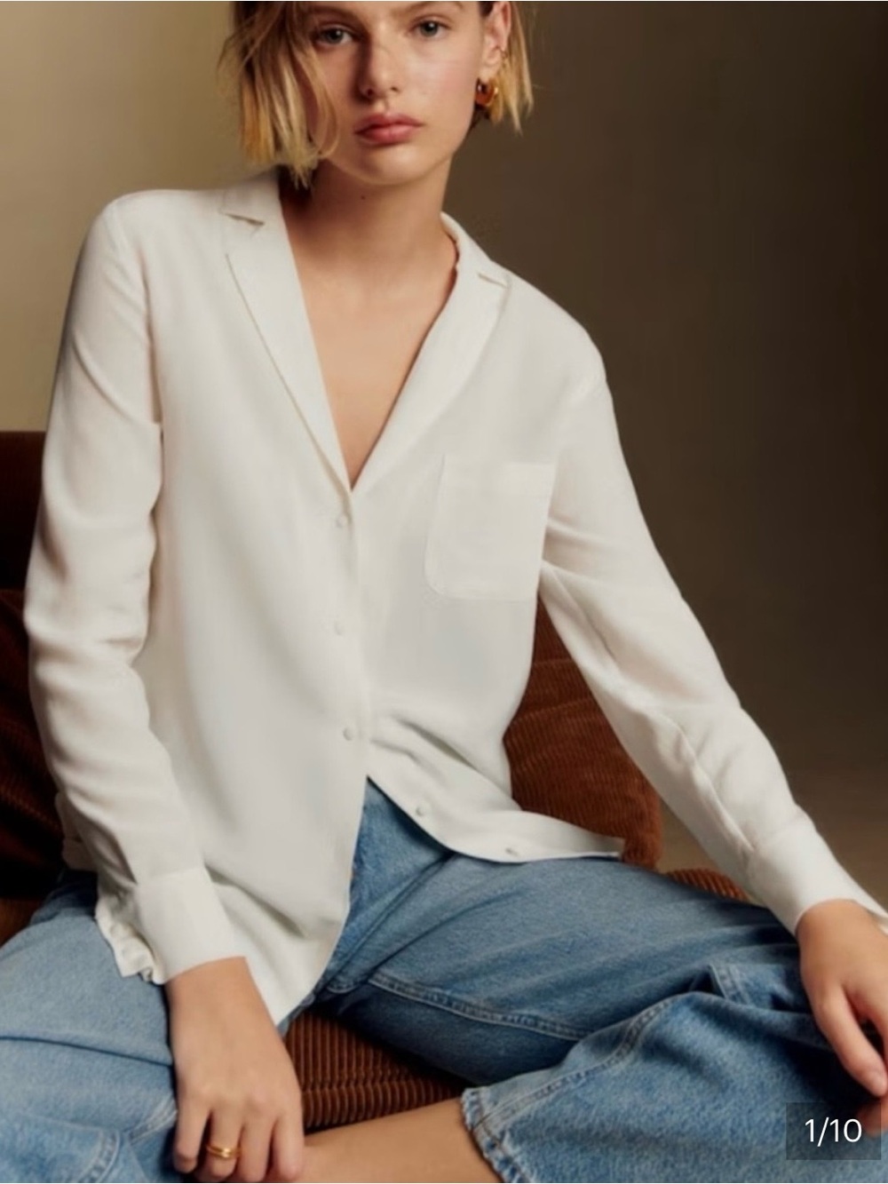 Sézane Florence 100% Silk Blouse Ecru Ivory FR 36 US 4/6 Button Down Shirt